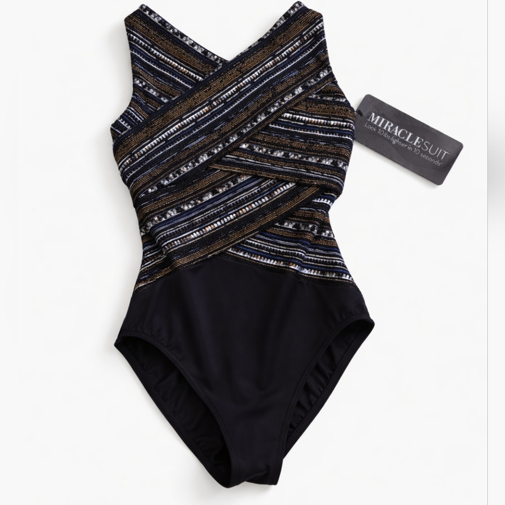 Miraclesuit Slimming One Piece Size 8 Black Multi Criss Cross Tummy Control Flat - Picture 2 of 8
